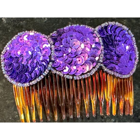 Vtg 1980\'s Purple Sequin 3 Circles Hair Side Comb Beaded Teeth Pick Women\'s main image 6